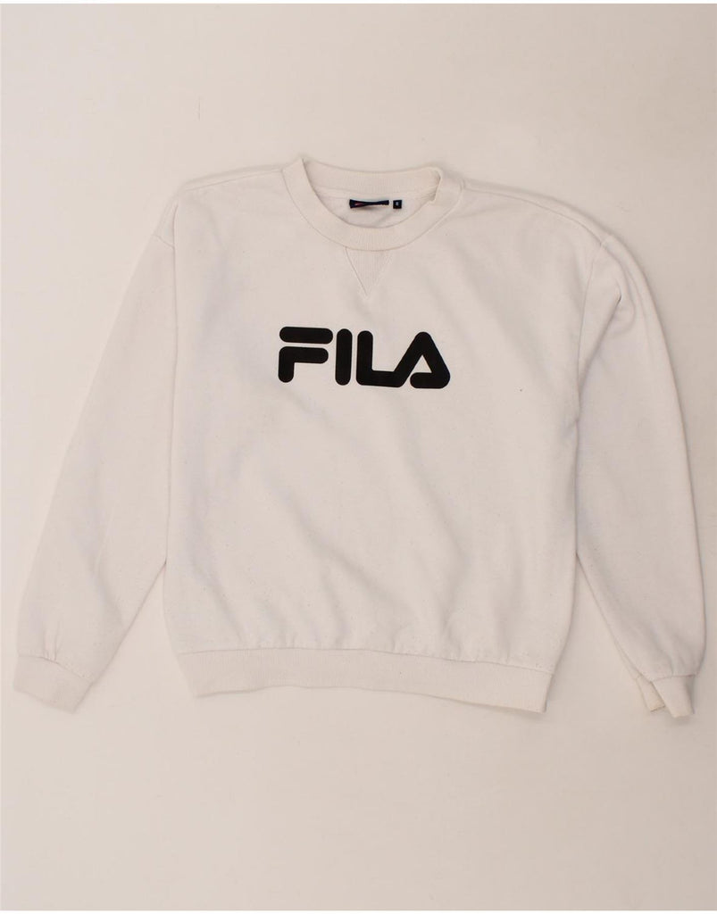FILA Mens Graphic Sweatshirt Jumper Small White Polyester Vintage Fila and Second-Hand Fila from Messina Hembry 