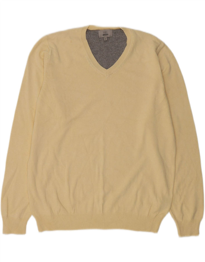 MARKS & SPENCER Mens Regular Fit V-Neck Jumper Sweater Large Beige Cotton