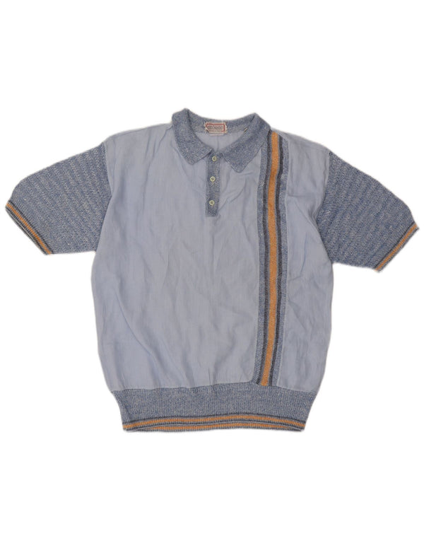 Rodrigo Mens Polo Shirt IT 50 Medium Blue Striped Linen