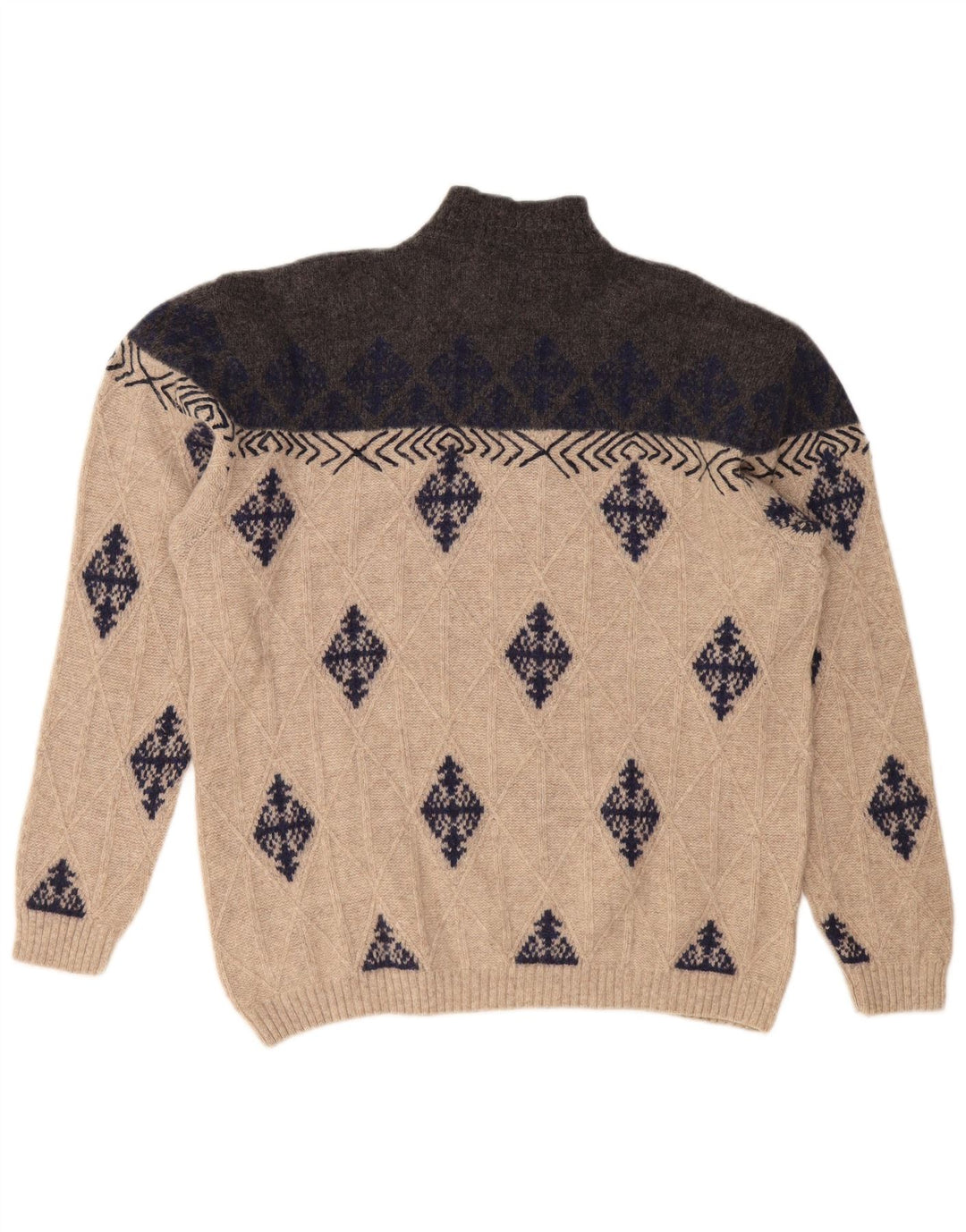 VINTAGE Mens Turtle Neck Jumper Sweater XL Beige Argyle/Diamond