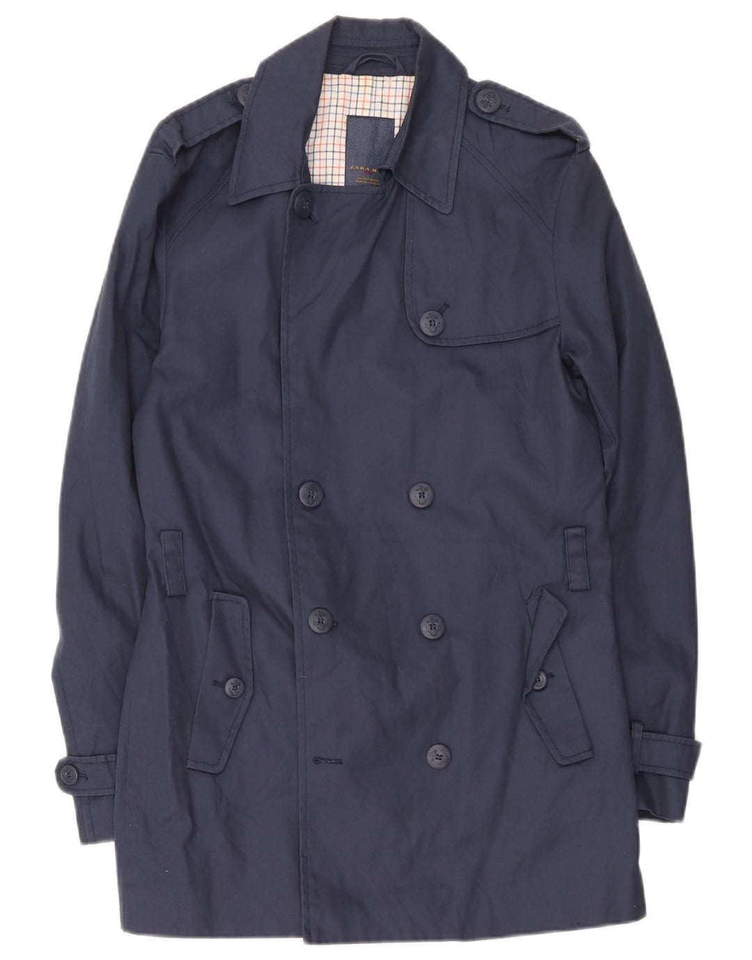 Zara Mens Trench Coat UK 40 Large Navy Blue Cotton