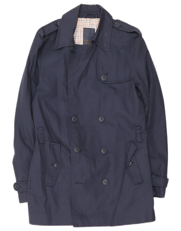 Zara Mens Trench Coat UK 40 Large Navy Blue Cotton
