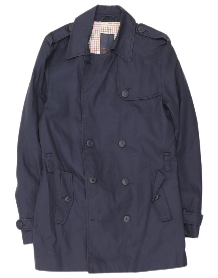 Zara Mens Trench Coat UK 40 Large Navy Blue Cotton