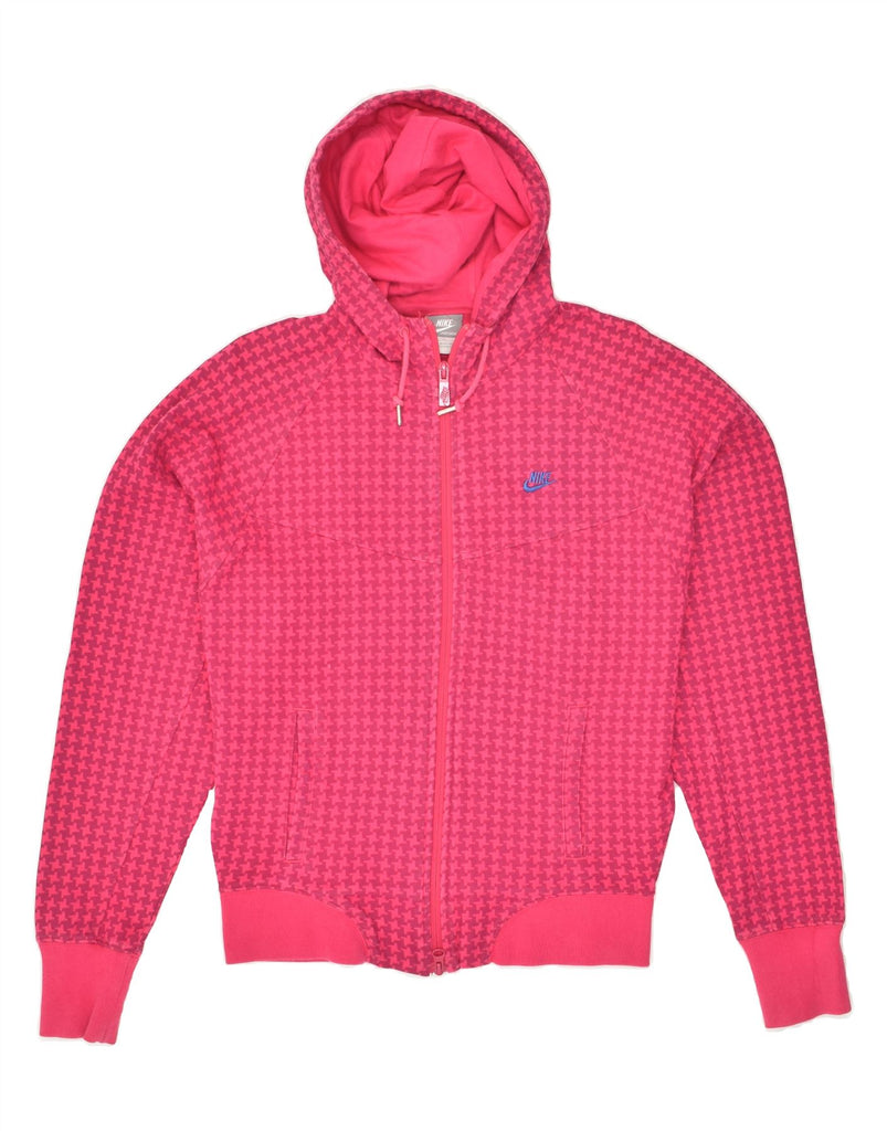 NIKE Womens Zip Hoodie Sweater UK 14 Medium Pink Houndstooth Cotton | Vintage Nike | Thrift | Second-Hand Nike | Used Clothing | Messina Hembry 