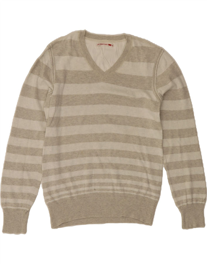 LEVI'S Womens V-Neck Jumper Sweater UK 14 Medium Grey Striped Cotton Vintage Levi's and Second-Hand Levi's from Messina Hembry 