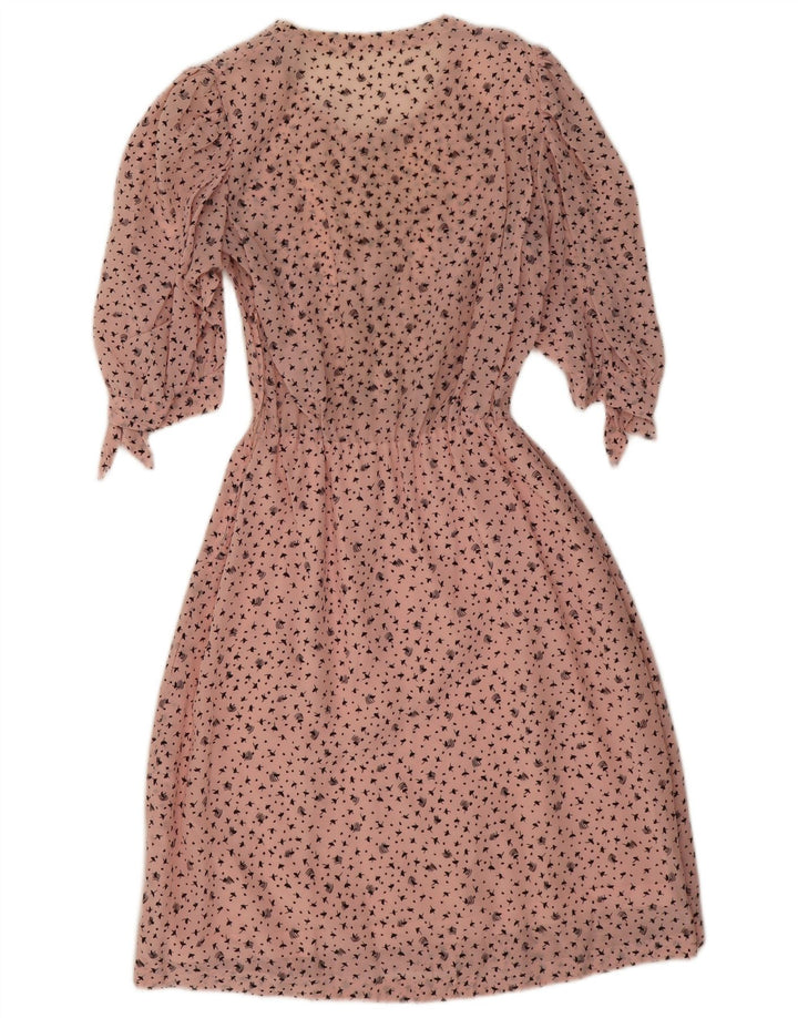 Vintage Womens Abstract Pattern 3/4 Sleeve A-Line Dress UK 8 Small Pink