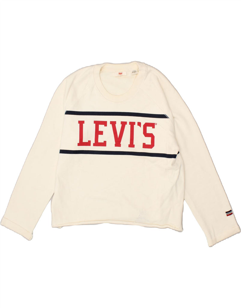 LEVI'S Womens Crop Graphic Sweatshirt Jumper UK 16 Large Off White Cotton | Vintage Levi's | Thrift | Second-Hand Levi's | Used Clothing | Messina Hembry 