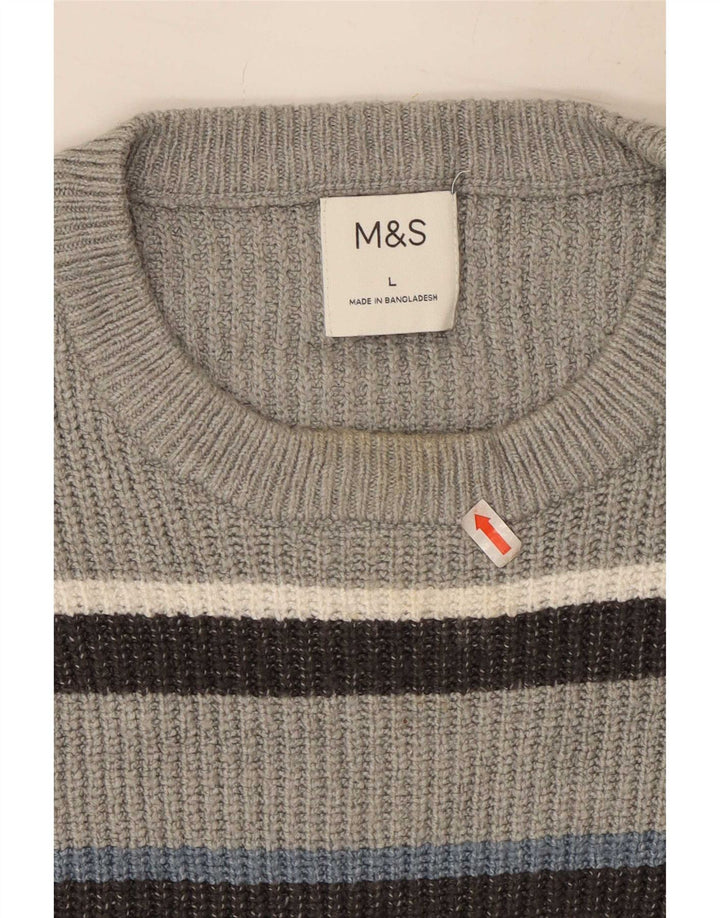 Marks & Spencer Mens Crew Neck Jumper Sweater Large Grey Striped Polyester