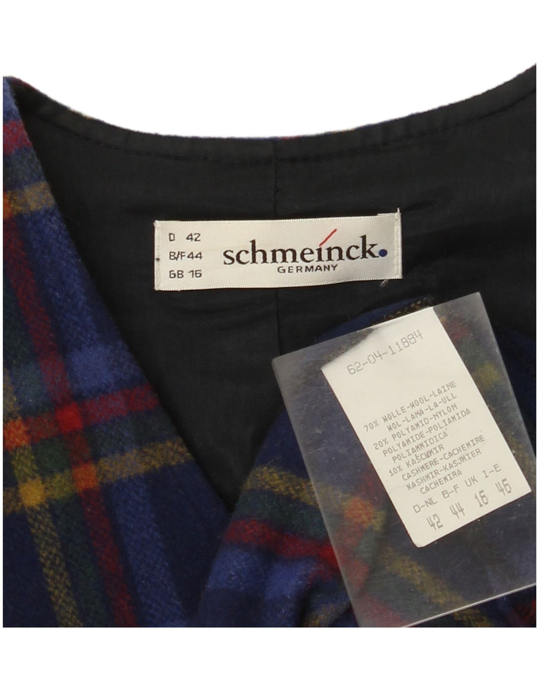 SCHMEINCK  Womens Overcoat UK 16 Large Navy Blue Check Wool
