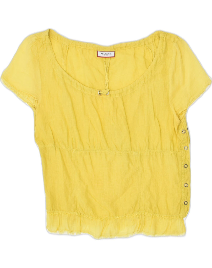 MAX & CO. Womens Short Sleeve Front Tie Blouse Top UK 4 XS Yellow Linen | Vintage | Thrift | Second-Hand | Used Clothing | Messina Hembry 