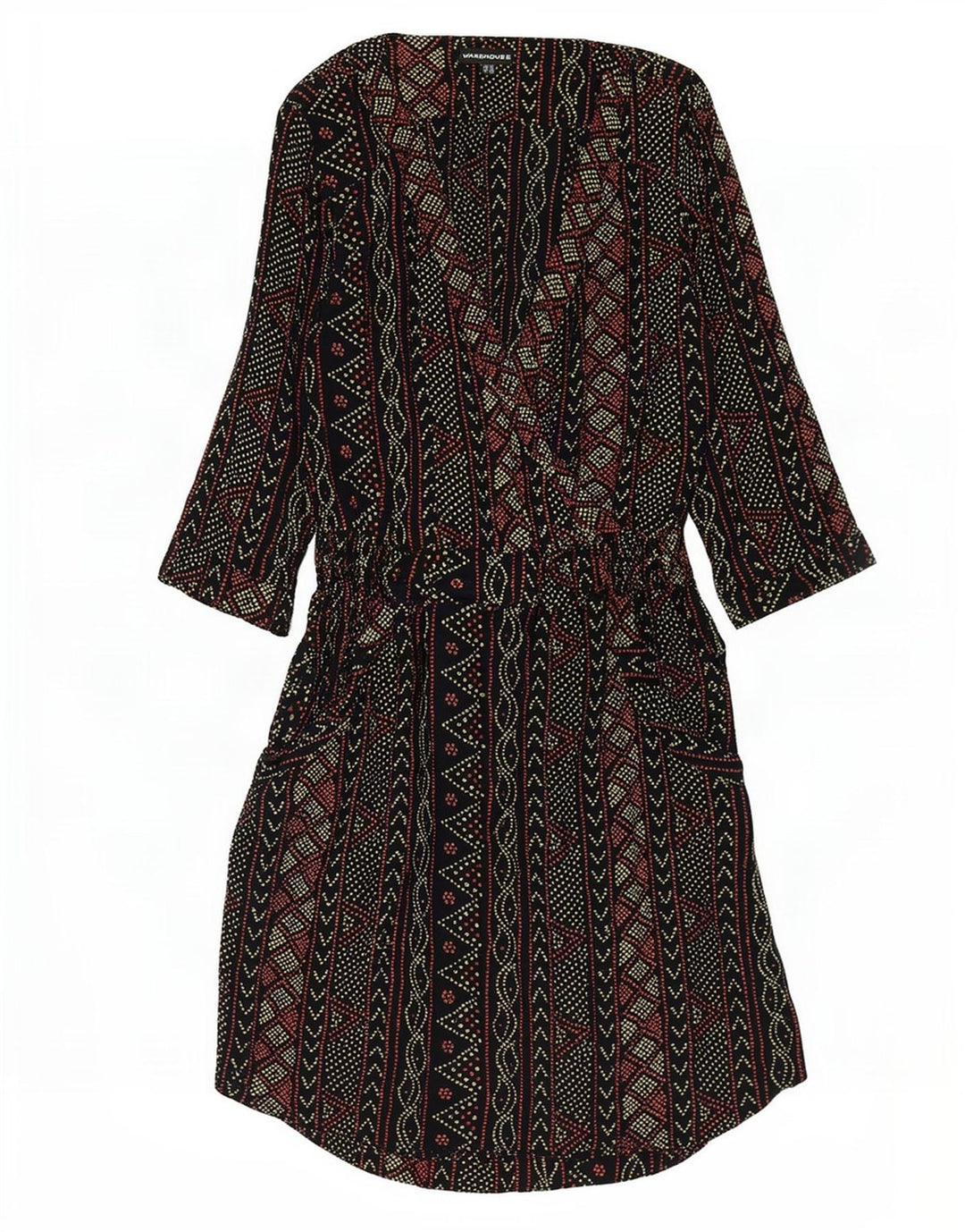 Warehouse Womens 3/4 Sleeve Empire Dress UK 12 Medium Black Geometric