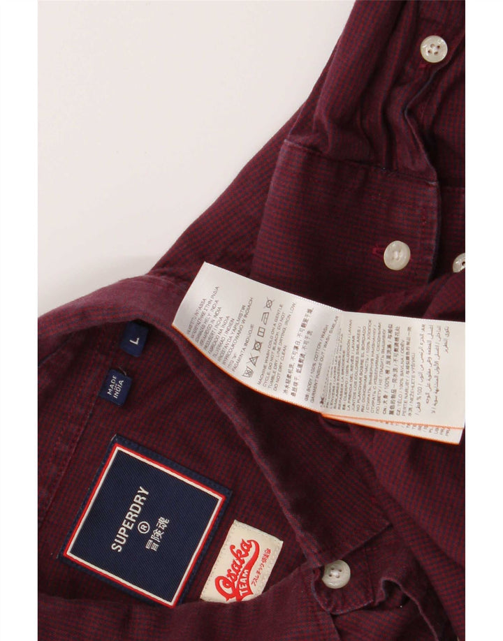Superdry Mens Shirt Large Burgundy Houndstooth Cotton