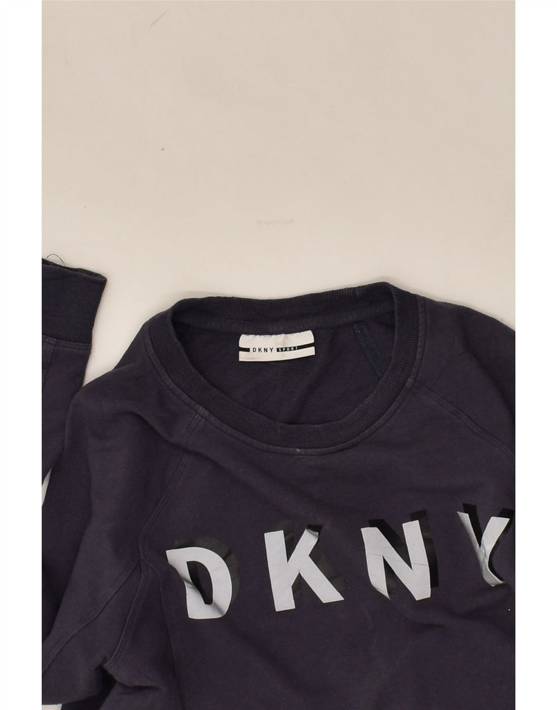 DKNY Womens Graphic Sweatshirt Jumper UK 14 Medium Navy Blue Polyester | Vintage Dkny | Thrift | Second-Hand Dkny | Used Clothing | Messina Hembry 