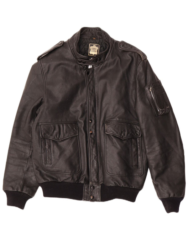 VINTAGE Mens Military Leather Jacket IT 54 2XL Black Leather