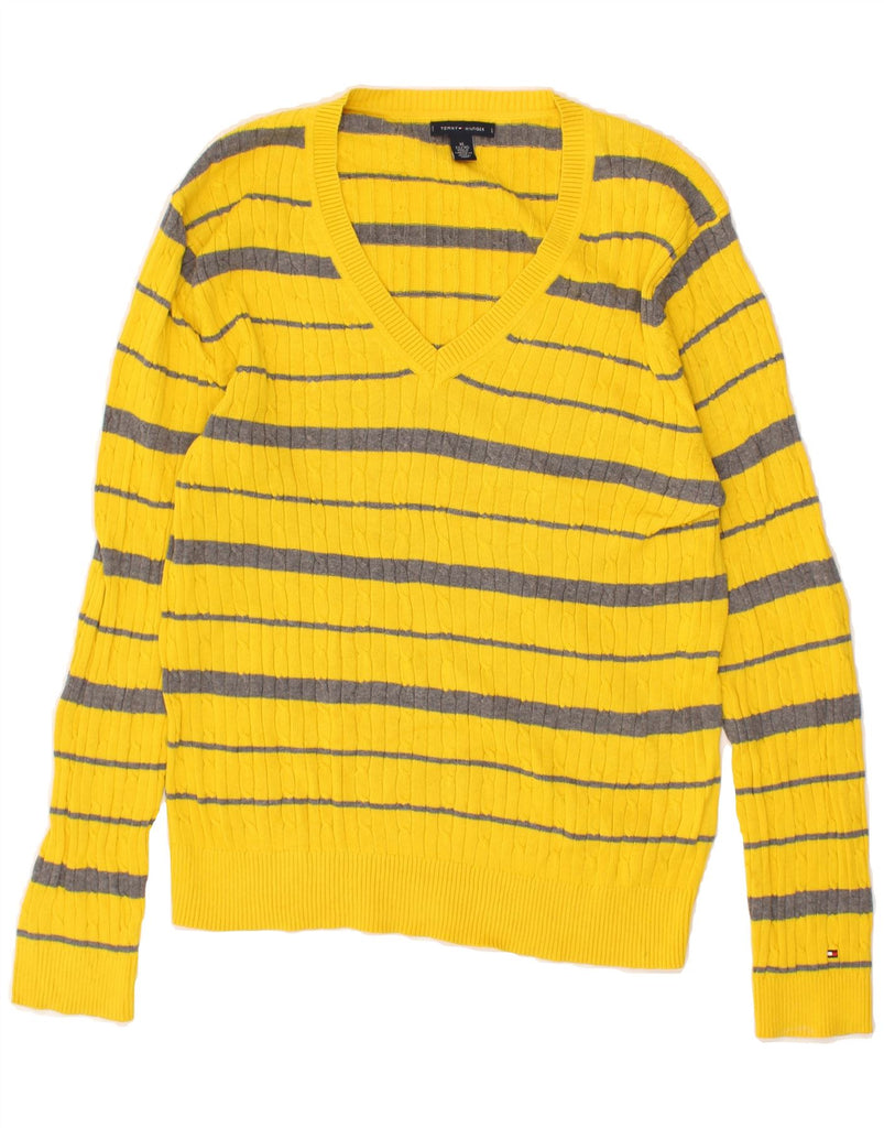 TOMMY HILFIGER Womens V-Neck Jumper Sweater UK 18 XL Yellow Striped Cotton | Vintage Tommy Hilfiger | Thrift | Second-Hand Tommy Hilfiger | Used Clothing | Messina Hembry 