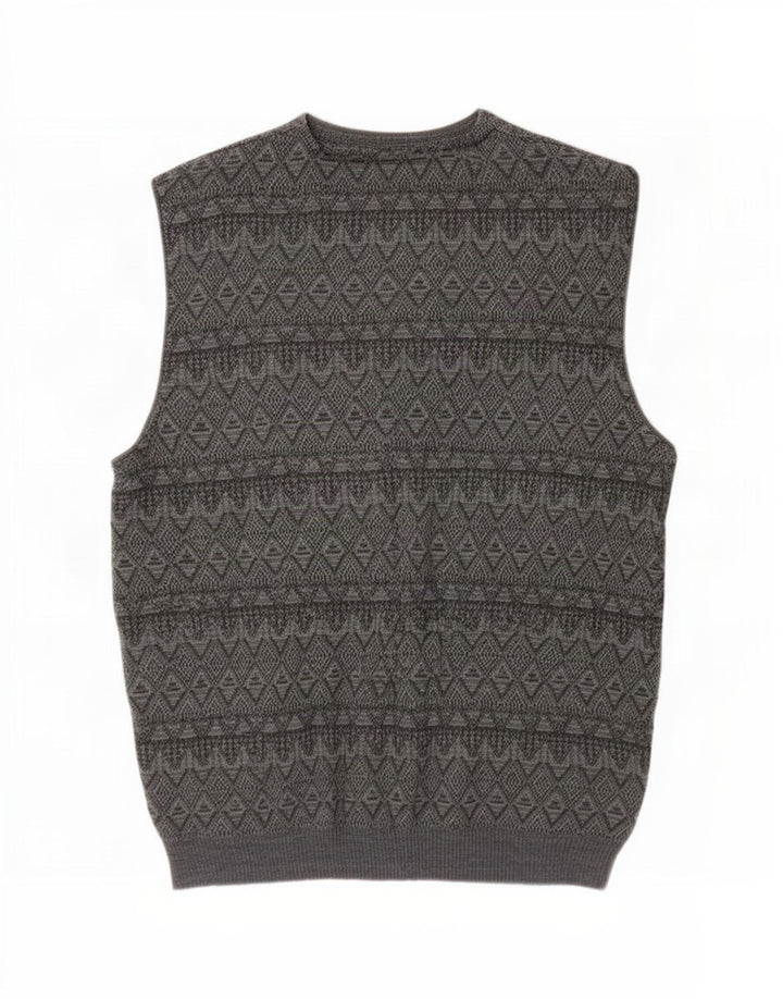 Vintage Mens Sleeveless Cardigan Sweater 2XL Grey Argyle/Diamond