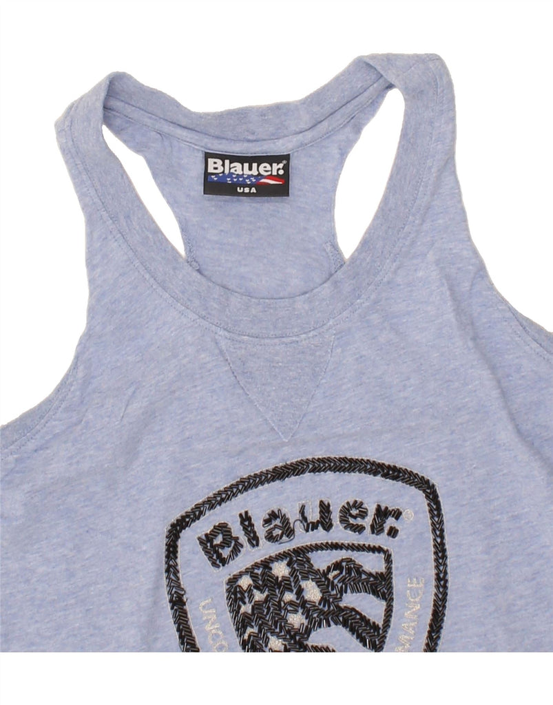 BLAUER Womens Graphic Vest Top UK 6 XS Purple Cotton Vintage Blauer and Second-Hand Blauer from Messina Hembry 