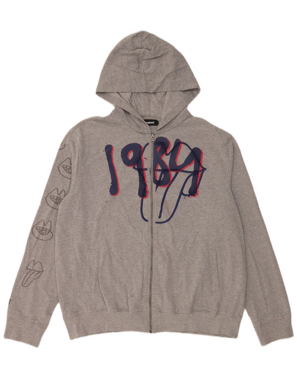 Desigual Mens Graphic Zip Hoodie Sweater 2XL Grey Cotton