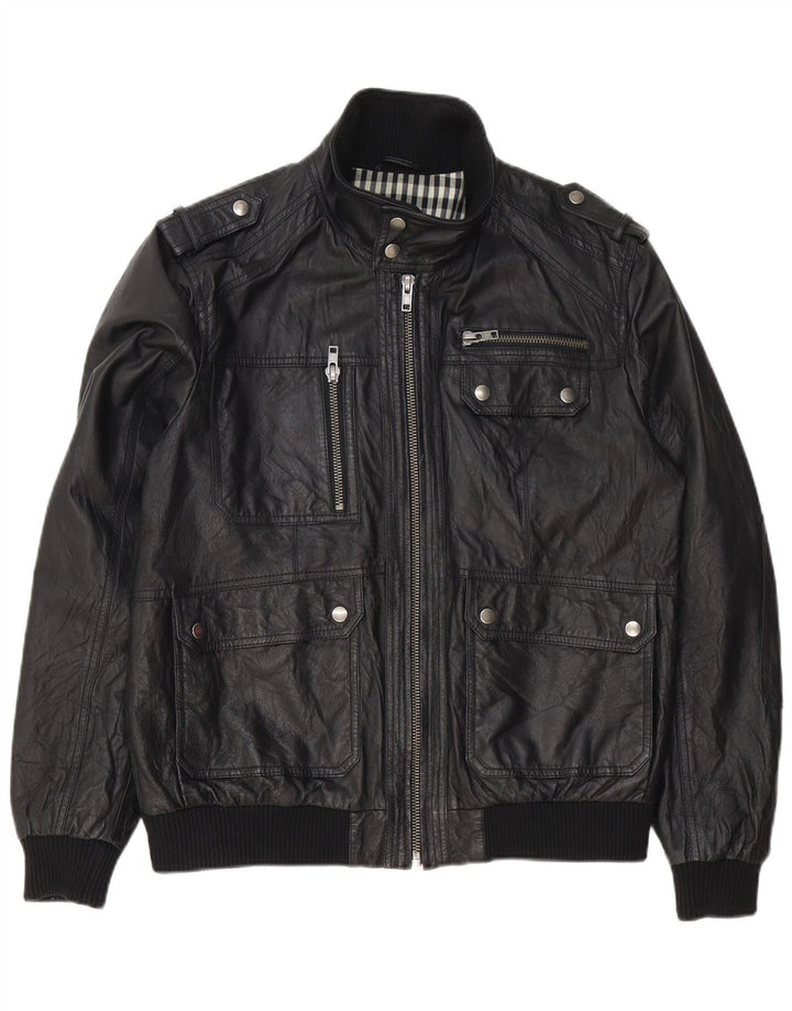 Montego Mens Military Leather Jacket UK 40 Large Black Leather