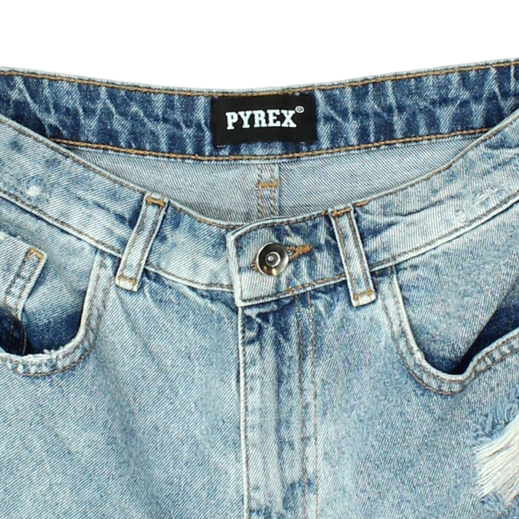 Pyrex Womens Blue Distressed Denim Hot Pants | Vintage Designer Summer Shorts | Vintage Messina Hembry | Thrift | Second-Hand Messina Hembry | Used Clothing | Messina Hembry 