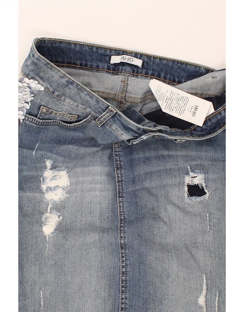 LIU JO Womens Graphic Distressed Denim Skirt W29 Medium Blue Striped | Vintage Liu Jo | Thrift | Second-Hand Liu Jo | Used Clothing | Messina Hembry 