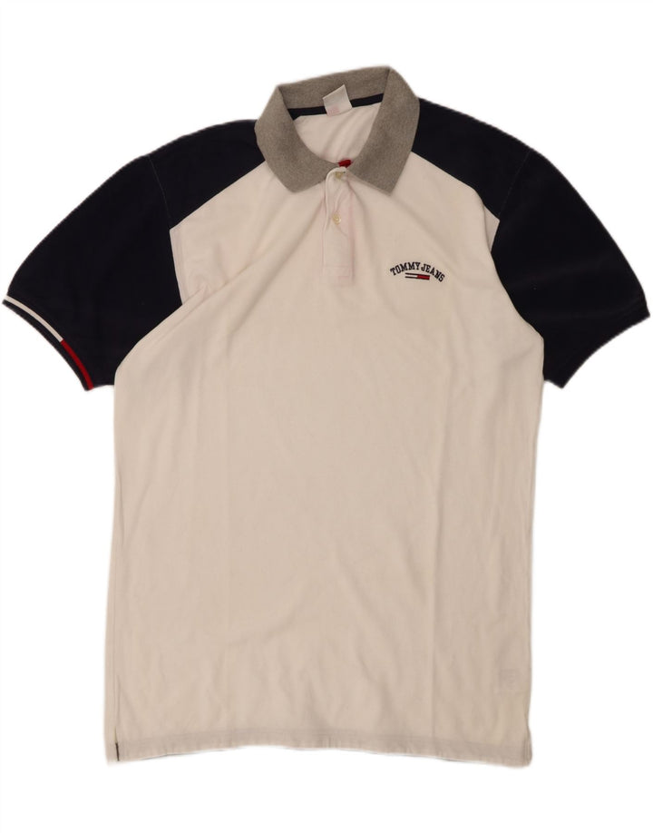 TOMMY HILFIGER Mens Polo Shirt Large White Colourblock Cotton Vintage Tommy Hilfiger and Second-Hand Tommy Hilfiger from Messina Hembry 