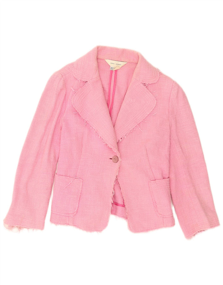 Zara Womens Crop 1 Button Blazer Jacket EU 42 Large Pink Cotton