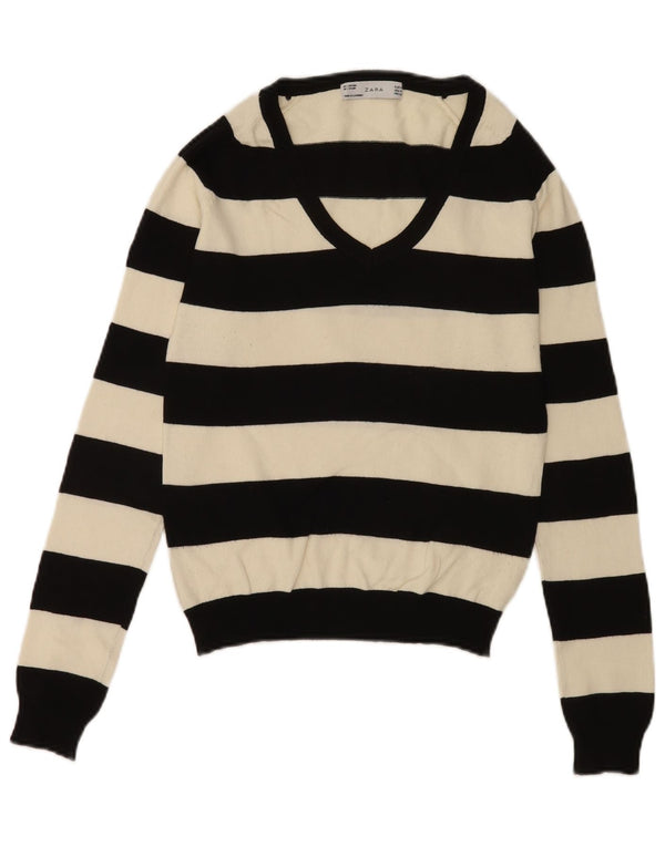 Zara Womens V-Neck Jumper Sweater UK 12 Medium Black Striped Cotton