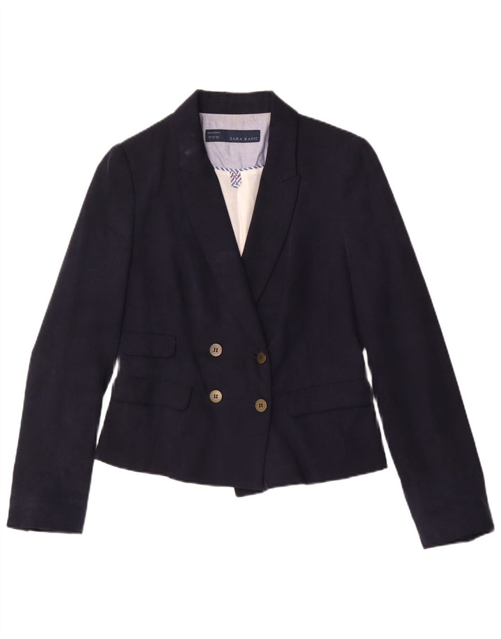 Zara Womens Double Breasted Blazer Jacket UK 12 Medium Navy Blue Lyocell