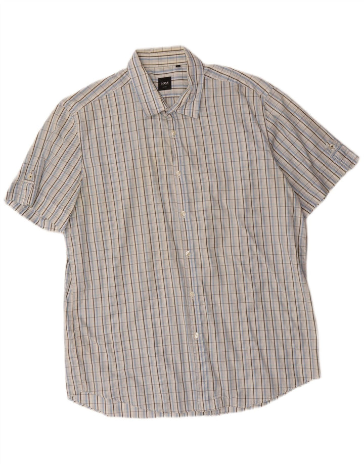 Hugo Boss Mens Short Sleeve Shirt XL Blue Check Cotton