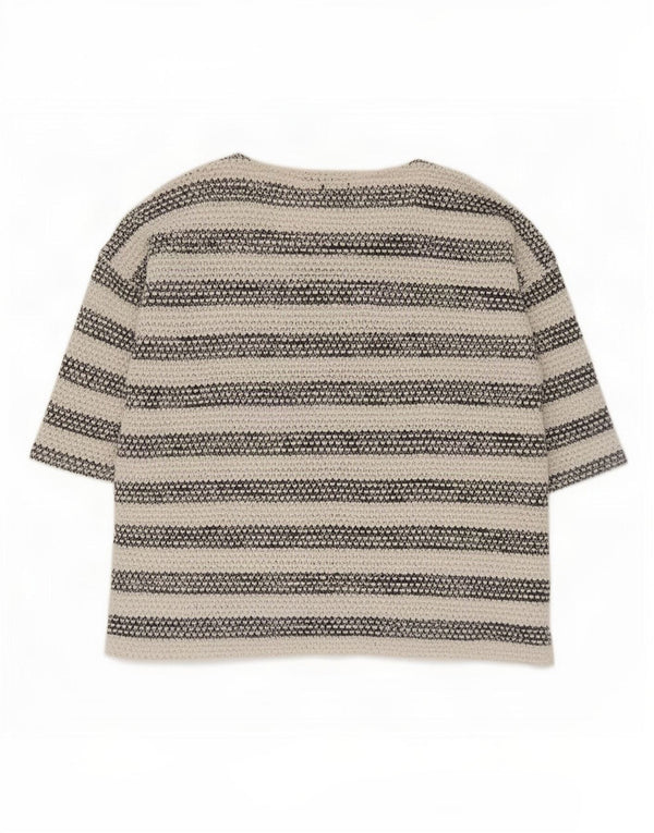 Marks & Spencer Womens Top 3/4 Sleeve UK 22 3XL Beige Striped Cotton
