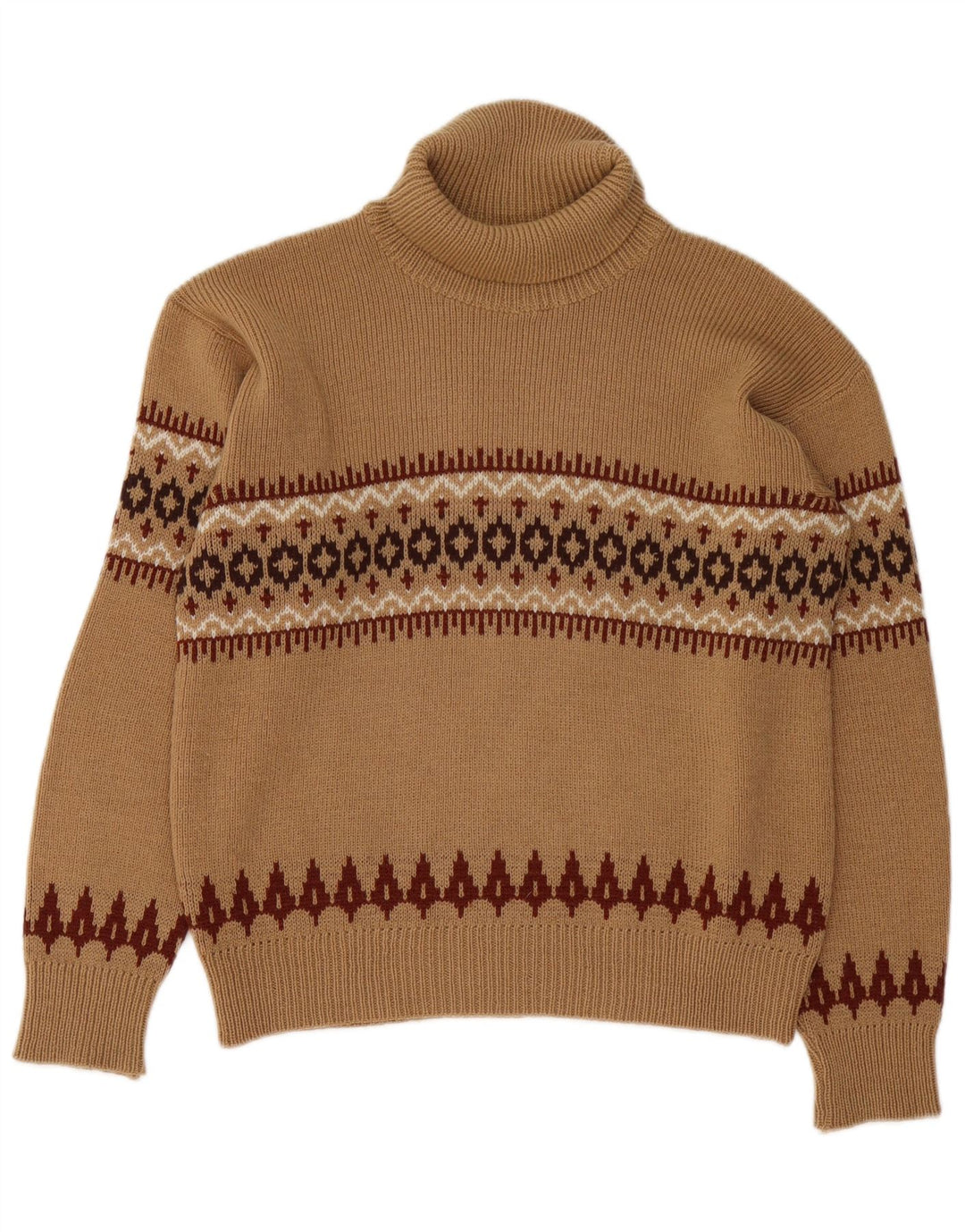 Vintage Womens Roll Neck Jumper Sweater UK 14 Medium Brown Fair Isle