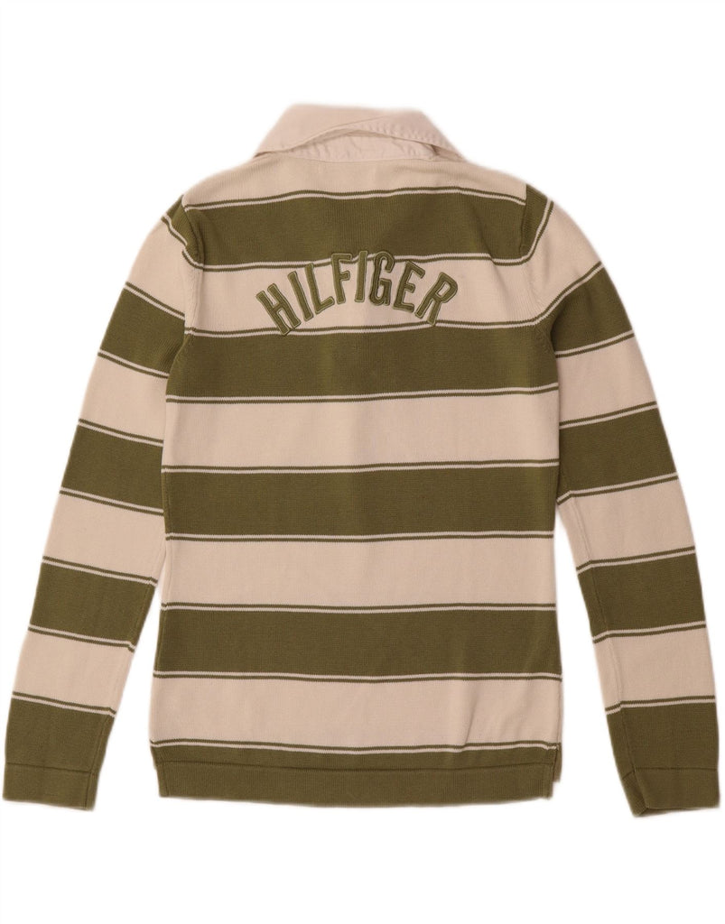 TOMMY HILFIGER Womens Polo Neck Jumper Sweater UK 14 Medium Green Striped Vintage Tommy Hilfiger and Second-Hand Tommy Hilfiger from Messina Hembry 
