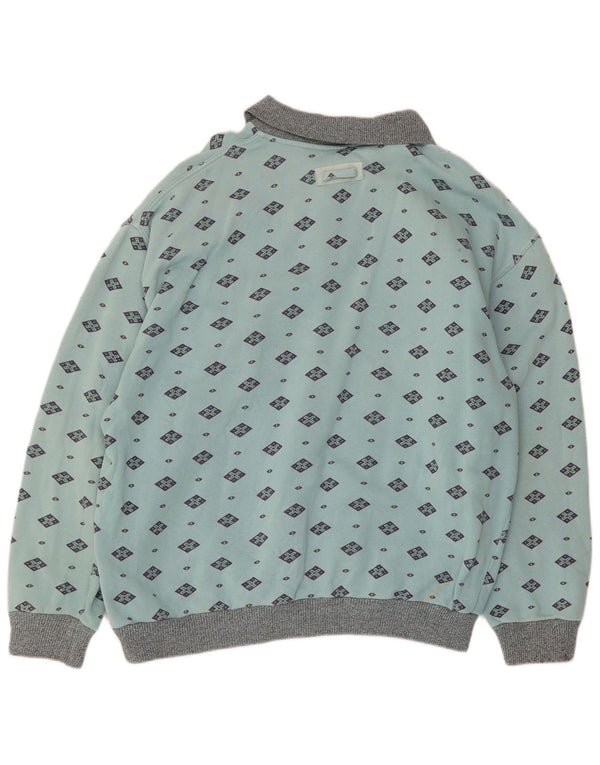 Vintage Mens Polo Neck Sweatshirt Jumper Medium Blue Geometric Cotton