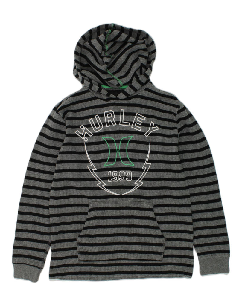 HURLEY Boys Graphic Hoodie Jumper 12-13 Years Grey Striped Cotton | Vintage Hurley | Thrift | Second-Hand Hurley | Used Clothing | Messina Hembry 