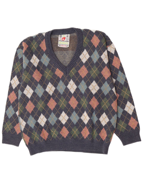 Vintage Mens V-Neck Jumper Sweater Large Navy Blue Argyle/Diamond Wool