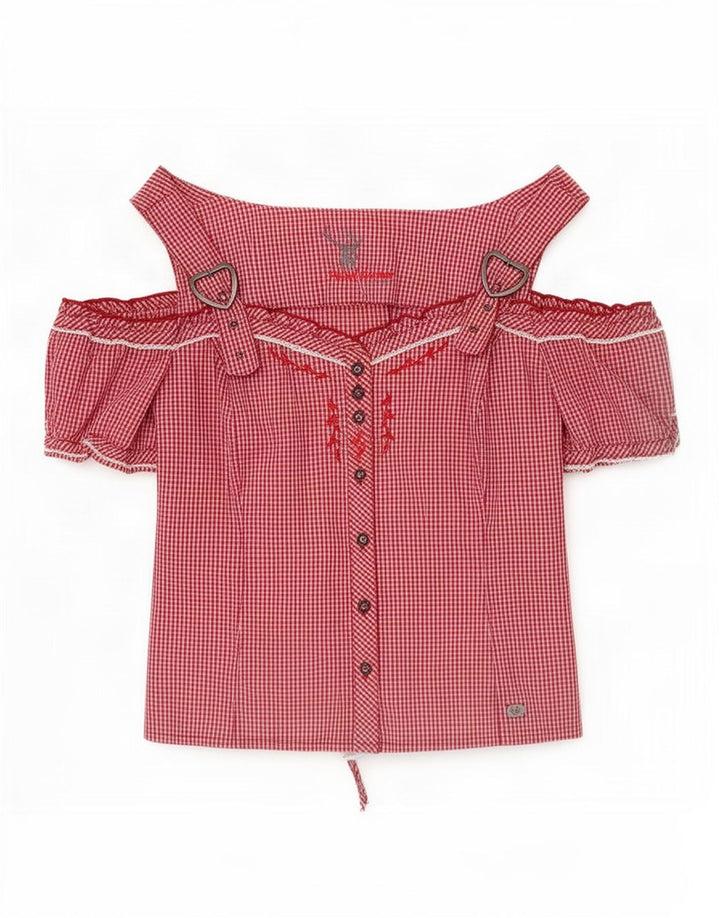 Spieth & Wensky Womens Off Shoulder Blouse Top UK 14 Medium Red Gingham