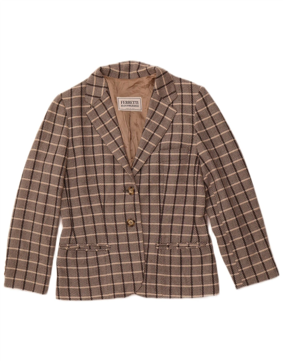 FERRETTI Womens 2 Button Blazer Jacket UK 10 Small Brown Check Wool