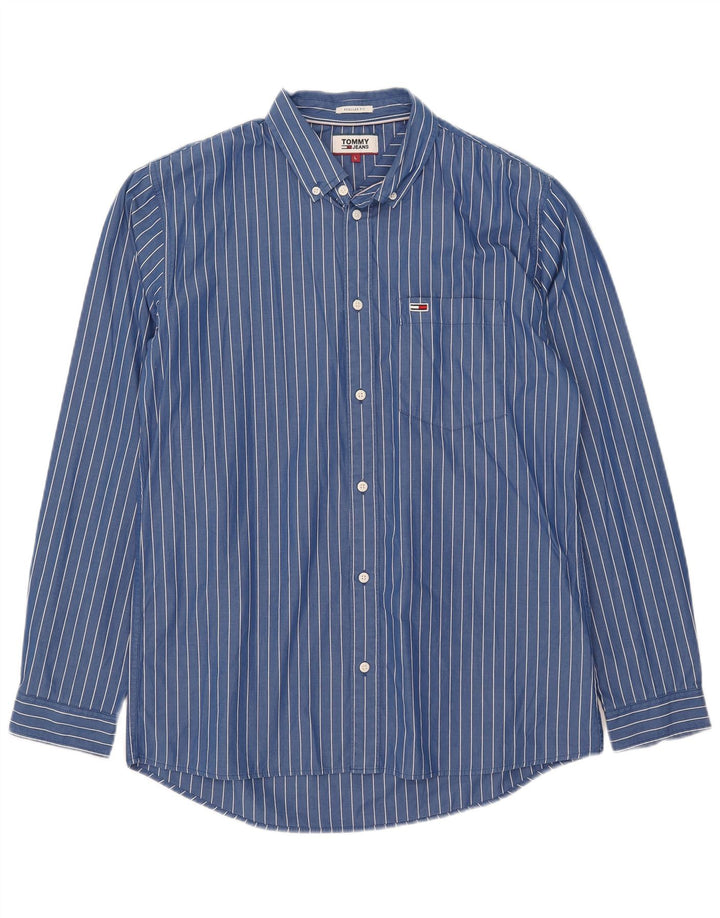 Tommy Hilfiger Mens Regular Fit Shirt Large Blue Striped Cotton