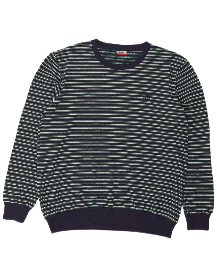 Fila Mens Crew Neck Jumper Sweater Large Navy Blue Striped Cotton