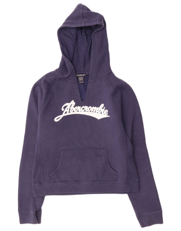 Abercrombie & Fitch Womens Crop Graphic Hoodie Jumper UK 16 Large Navy Blue