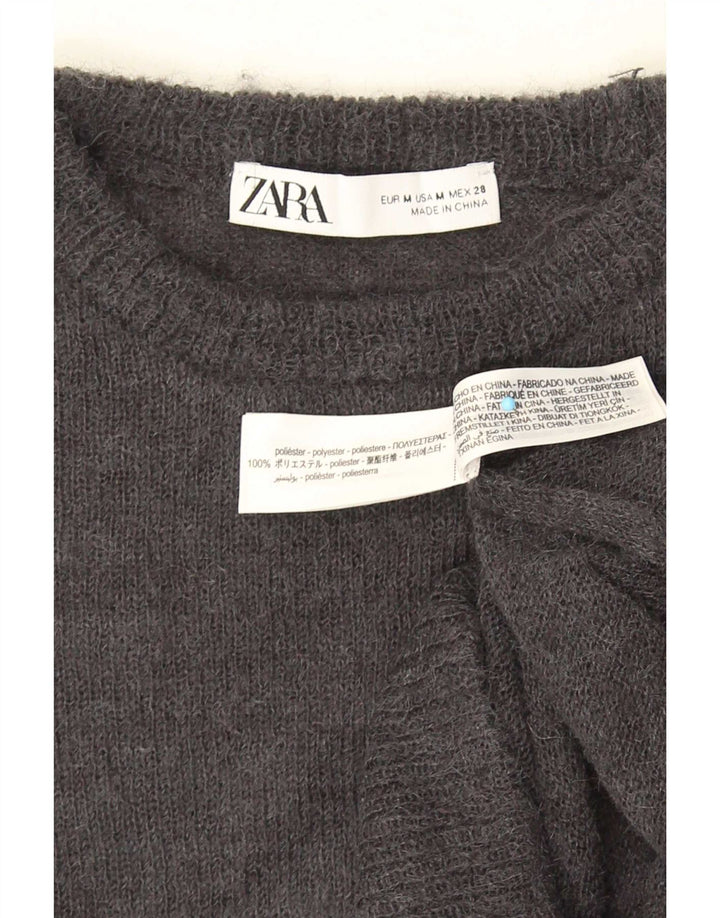 Zara Womens Crop Crew Neck Jumper Sweater UK 12 Medium Grey Polyester