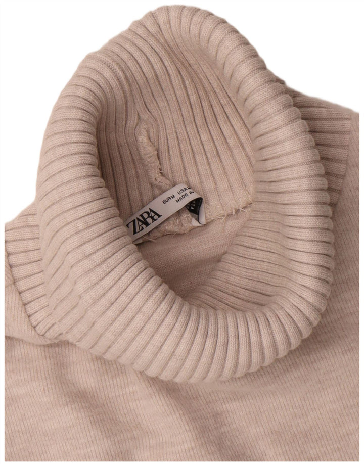 Zara Womens Roll Neck Vest Top UK 12 Medium Beige Cotton