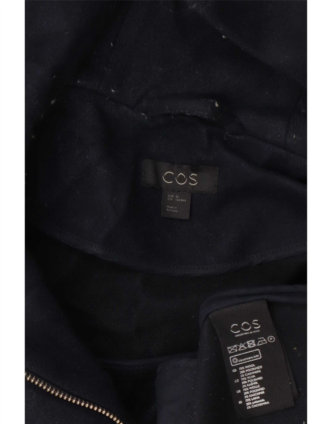 Cos Womens Hooded Overcoat EU 36 Small Navy Blue Wool