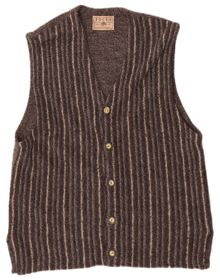 Vintage Mens Sleeveless Cardigan Sweater Medium Grey Striped Wool