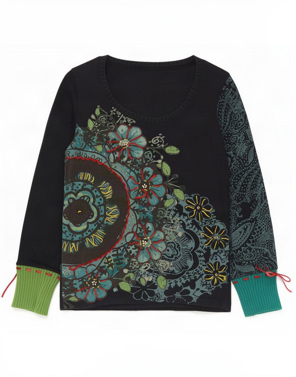 Desigual Womens Graphic Top Long Sleeve UK 14 Large Navy Blue Floral