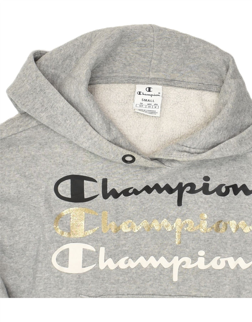 CHAMPION Womens Crop Graphic Hoodie Jumper UK 10 Small Grey Cotton | Vintage Champion | Thrift | Second-Hand Champion | Used Clothing | Messina Hembry 