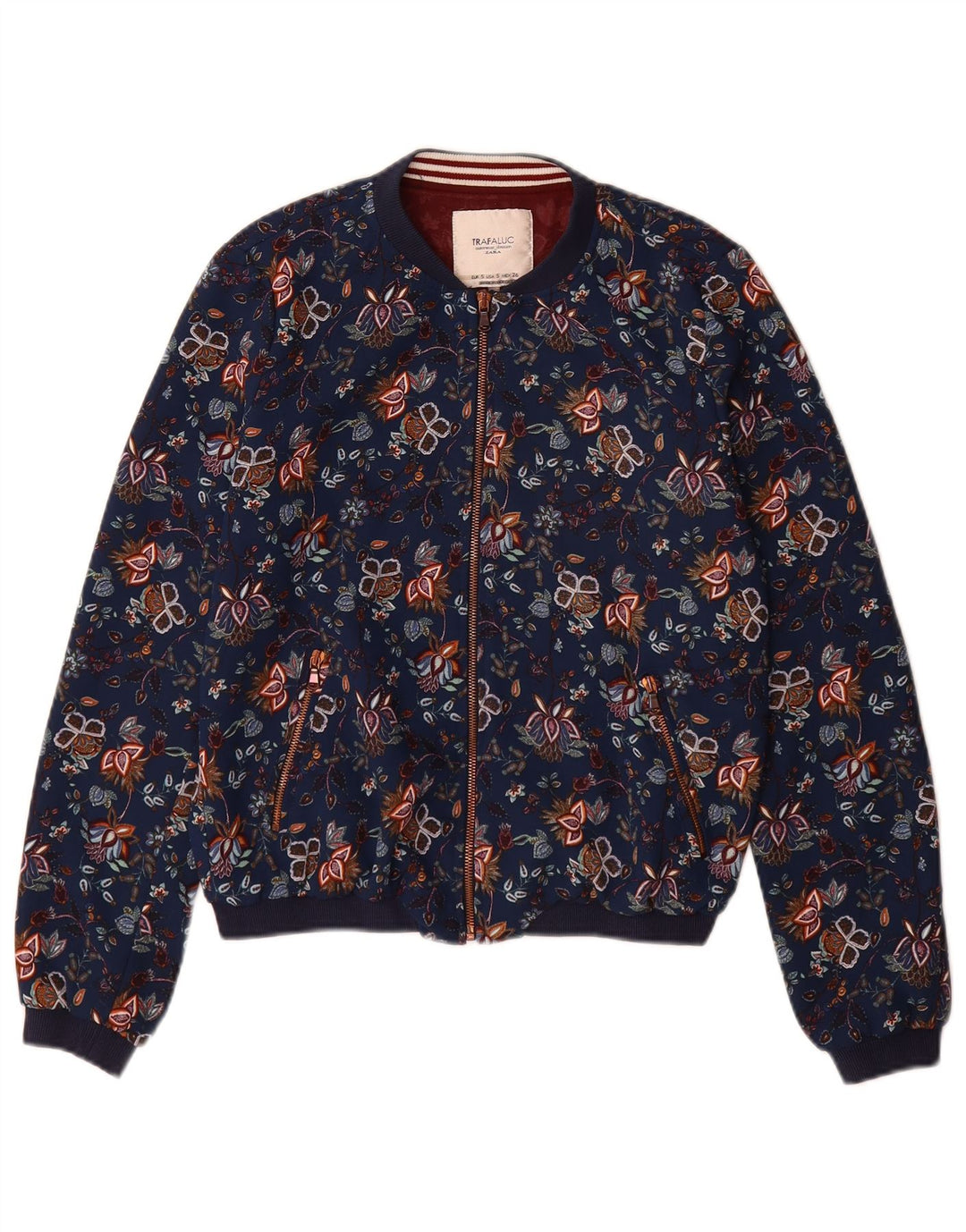 Zara Womens Trafaluc Bomber Jacket UK 10 Small Navy Blue Floral Polyester