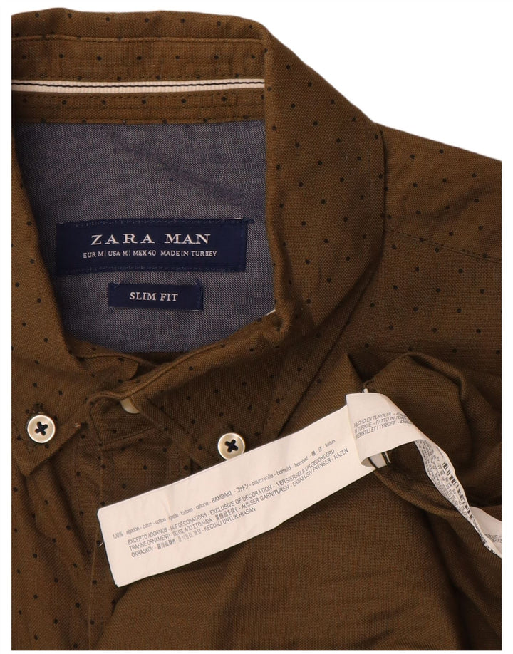 Zara Mens Slim Fit Shirt Medium Khaki Spotted Cotton