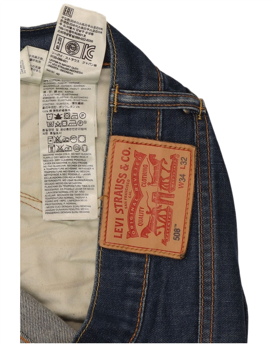 Levi's Mens 508 Regular Tapered Jeans W34 L32 Blue Cotton